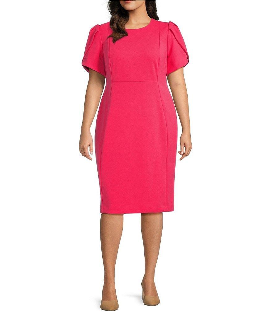 Calvin Klein Plus Size Scuba Crepe Short Petal Sleeve Crew Neck Knee Length Sheath Dress Product Image