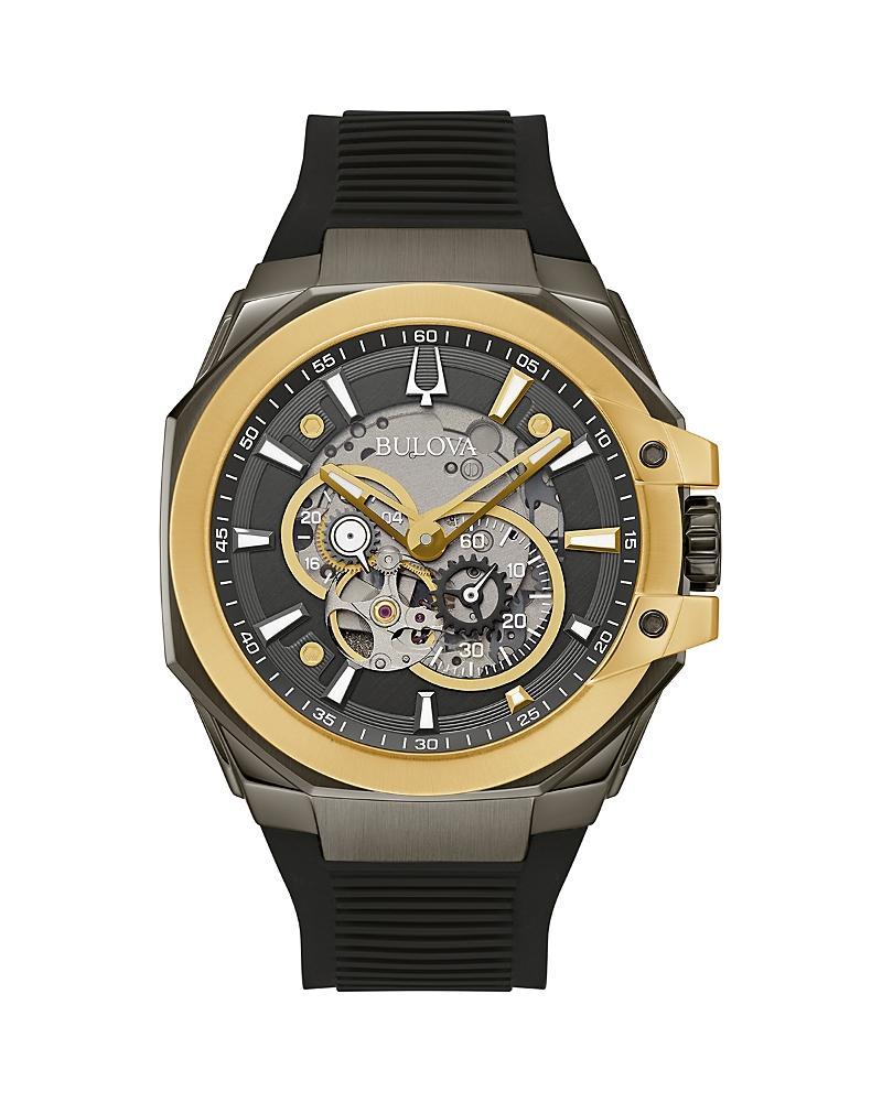 Men's Bulova Maquina Marc Anthony Gold-Tone IP Chronograph Silicone Strap Watch with Grey Skeleton Dial (Model: 98A310) Product Image