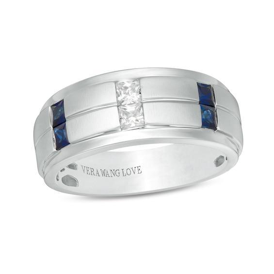 Vera Wang Love Collection Men's 1/4 CT. T.w. Square-Cut Diamond and Blue Sapphire Wedding Band in 14K White Gold Product Image