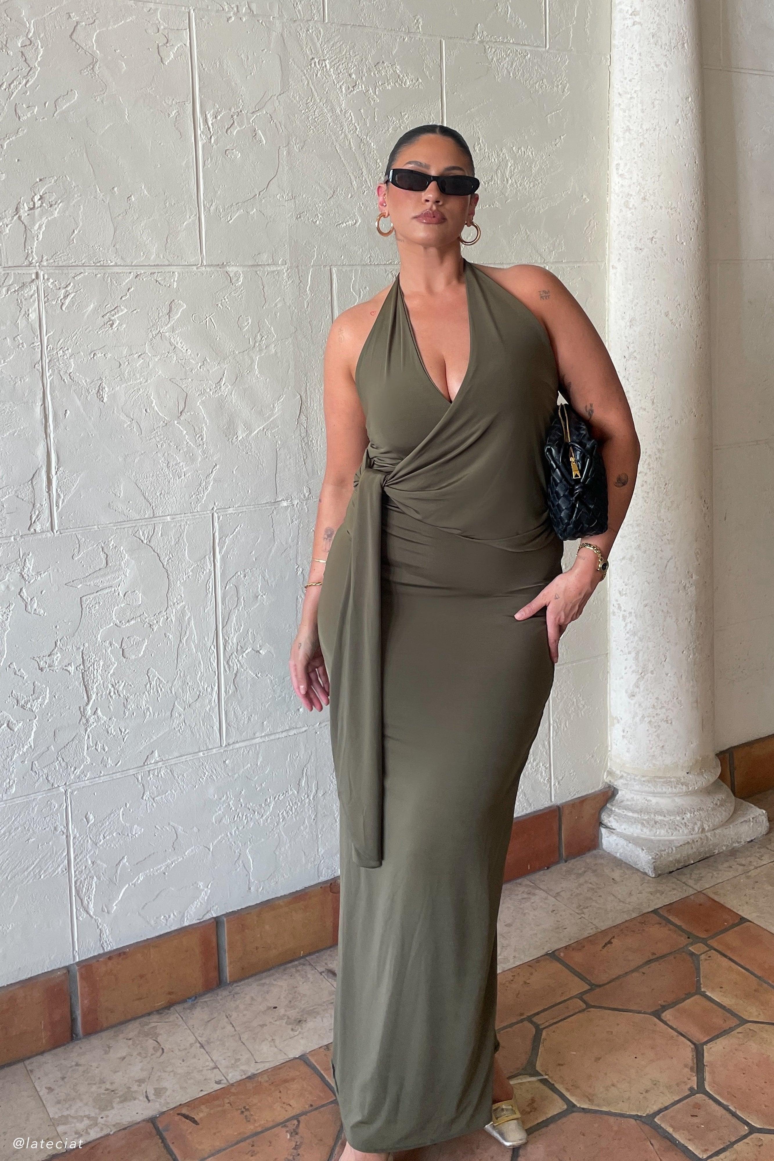 Tyla Draped Slinky Halter Maxi Dress - Dark Olive Product Image