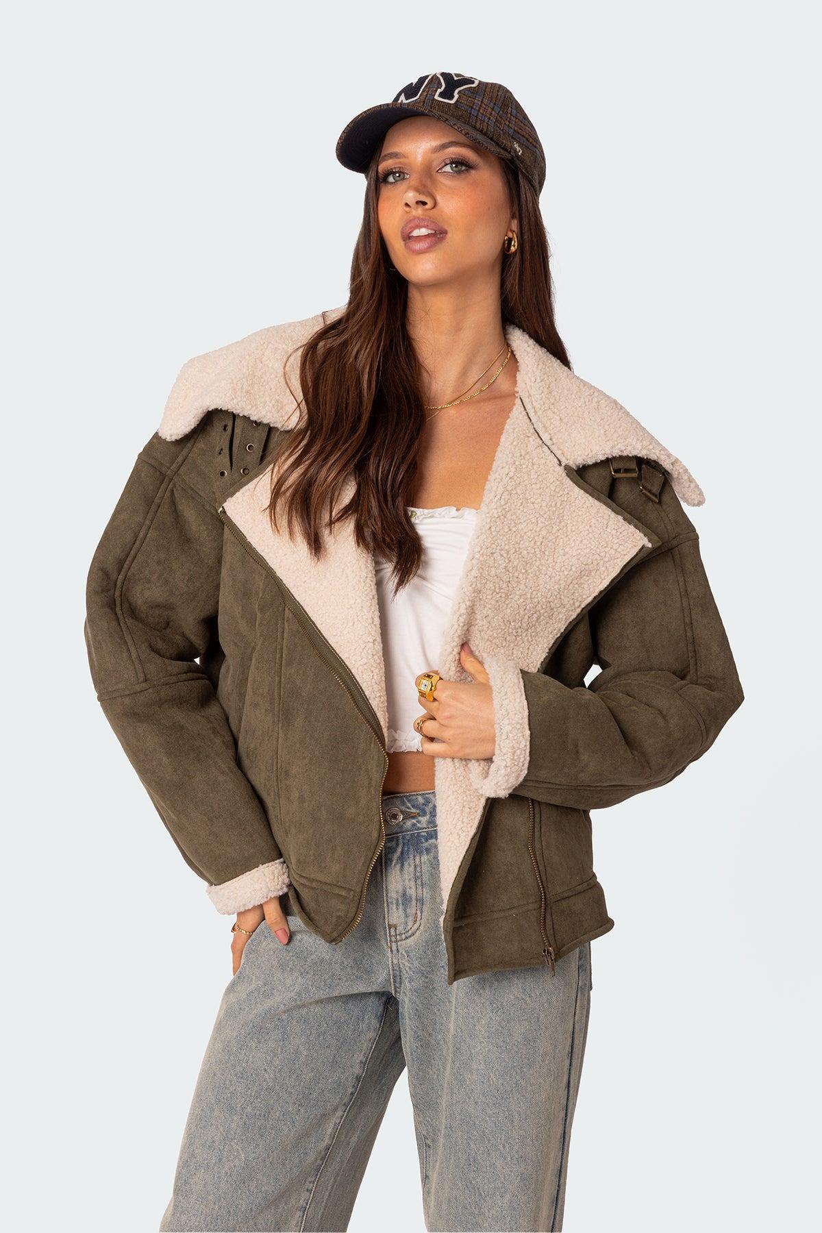 Faux Suede Shearling Oversized Jacket Product Image