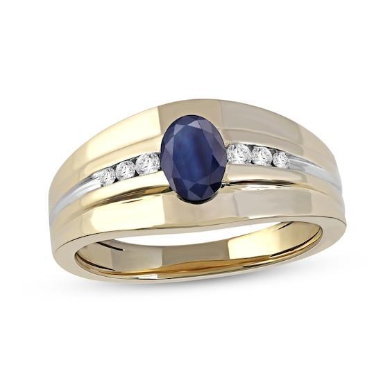 Men's Oval Blue Sapphire and 1/6 CT. T.w. Diamond Tri-Sides Grooved Band in 10K Two-Tone Gold Product Image