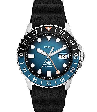 Fossil Mens Blue Greenwich Mean Time Black Silicone Watch 46mm Product Image