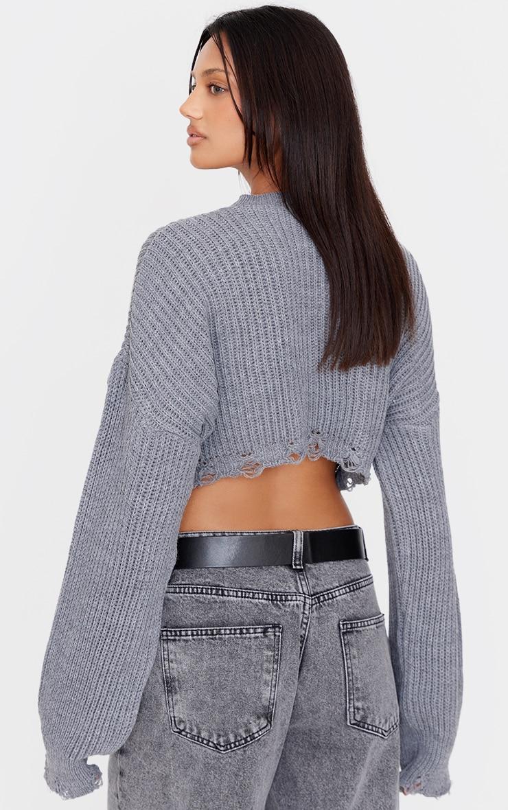 Charcoal Chunky Knit Distressed Hem Crop Sweater Product Image