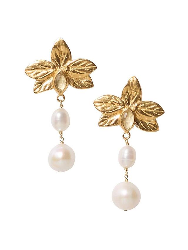 Womens 18K-Gold-Plated, Freshwater Pearl & Citrine Flower Drop Earrings Product Image