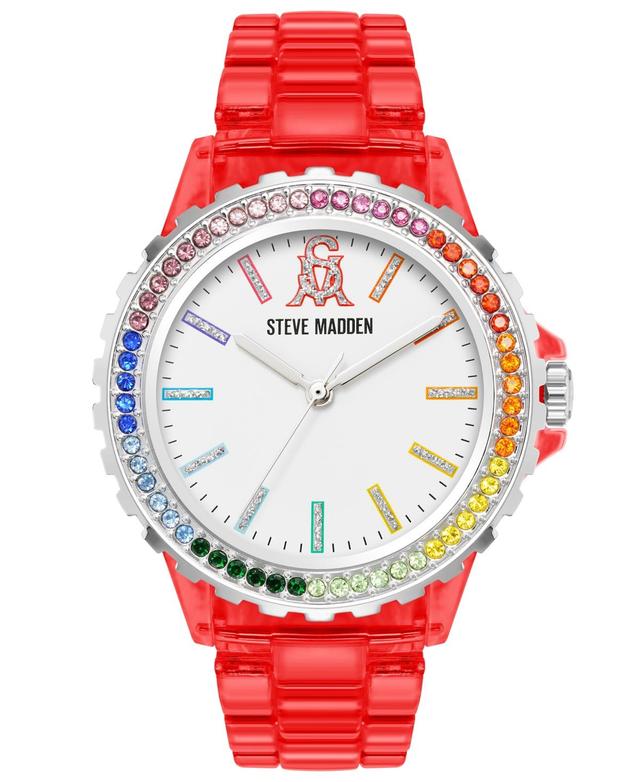 Steve Madden Womens Analog Transparent Red Plastic with Rainbow Crystal Bracelet Watch, 40mm Product Image