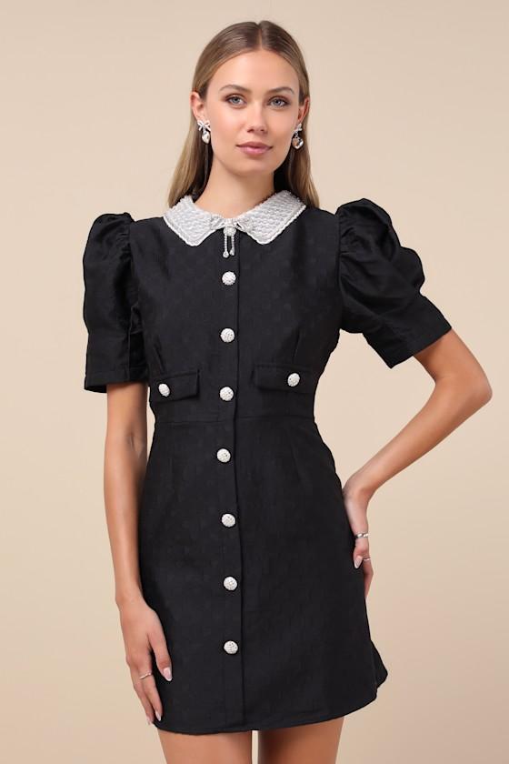 Dallas Jewels Black Jacquard Bead Collar Puff Sleeve Mini Dress Product Image