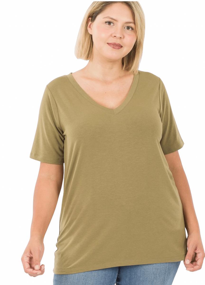 2109   Khaki V-neck Basic T-Shirt Product Image