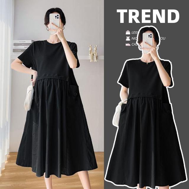 Maternity Short-Sleeve Crewneck Plain Midi A-Line Dress Product Image