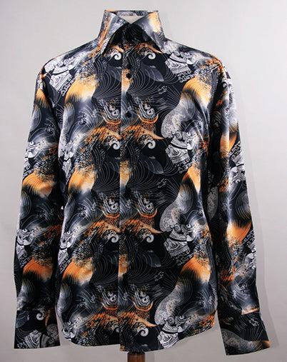 Dress Shirt Regular Fit Ukiyo-e Inspired Style Pattern In Black/Orange Product Image