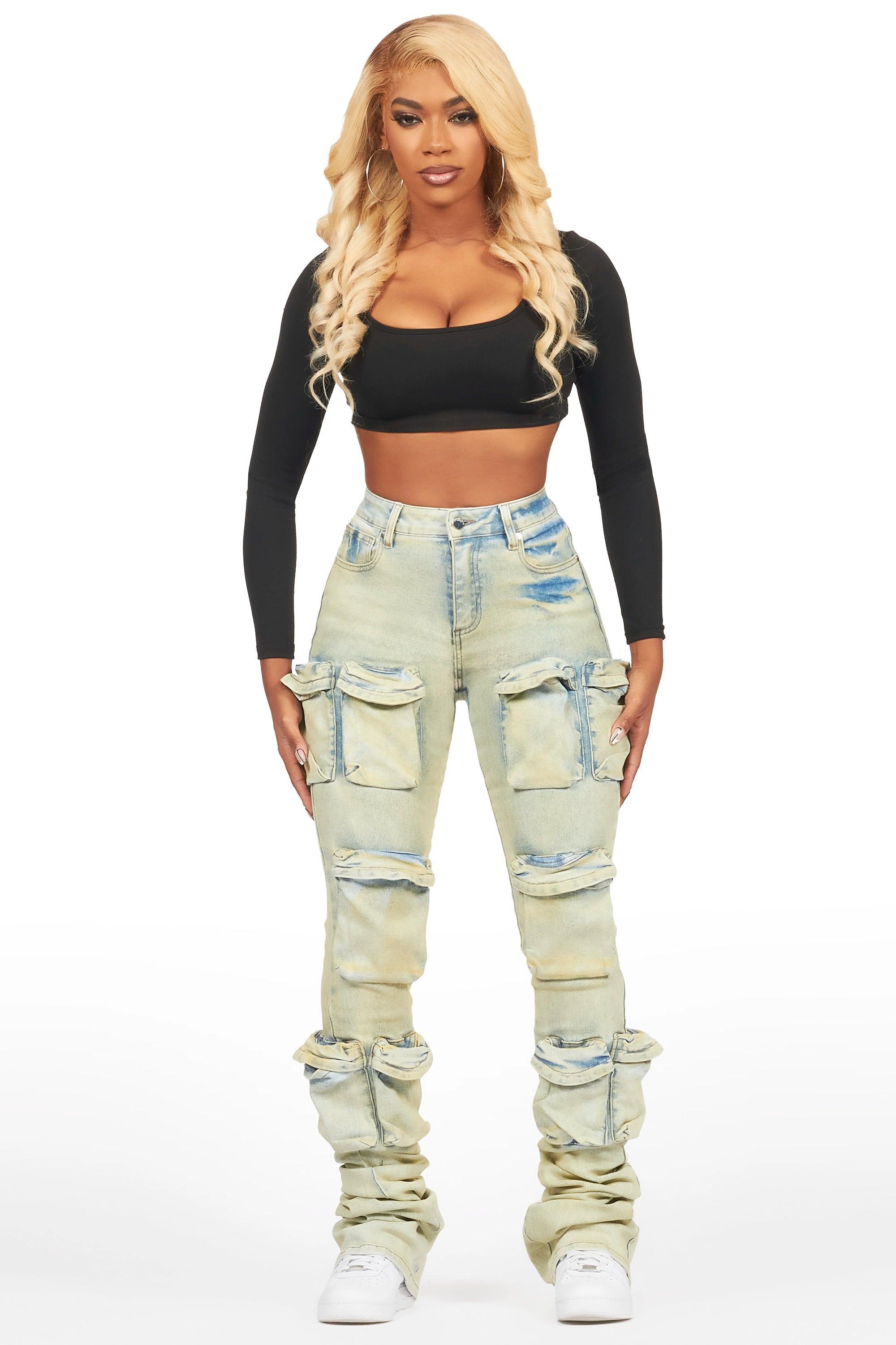 Alliyah Tinted Dirty Wash Cargo Super Stacked Jean Female Product Image