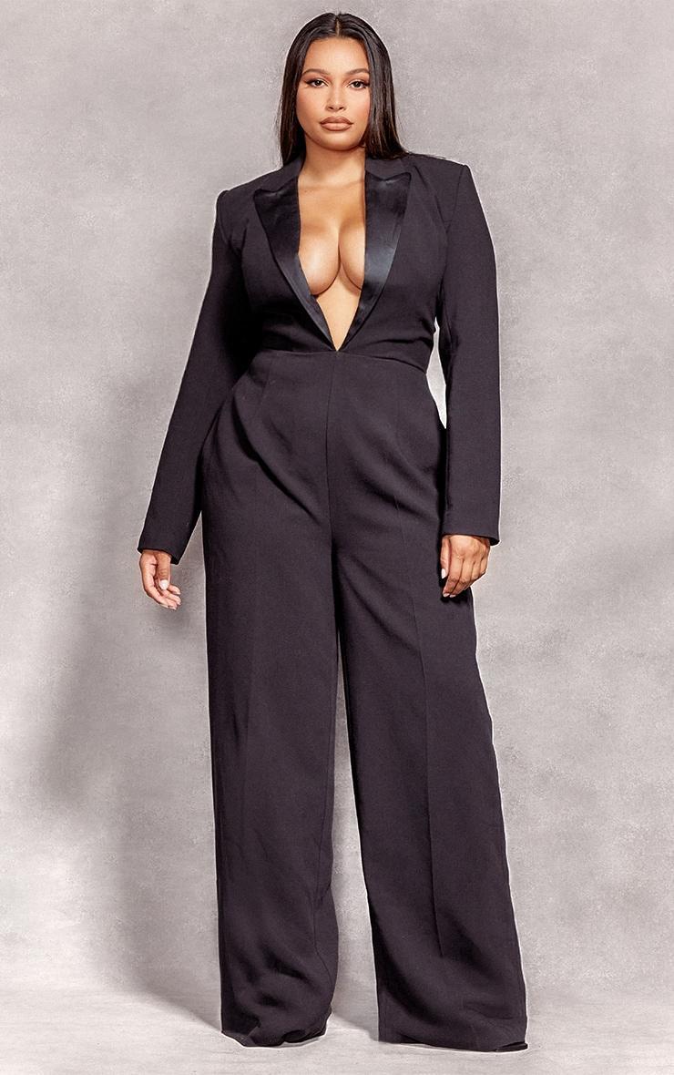 Plus Black Tailored Satin Lapel Straight Leg Jumpsuit Product Image