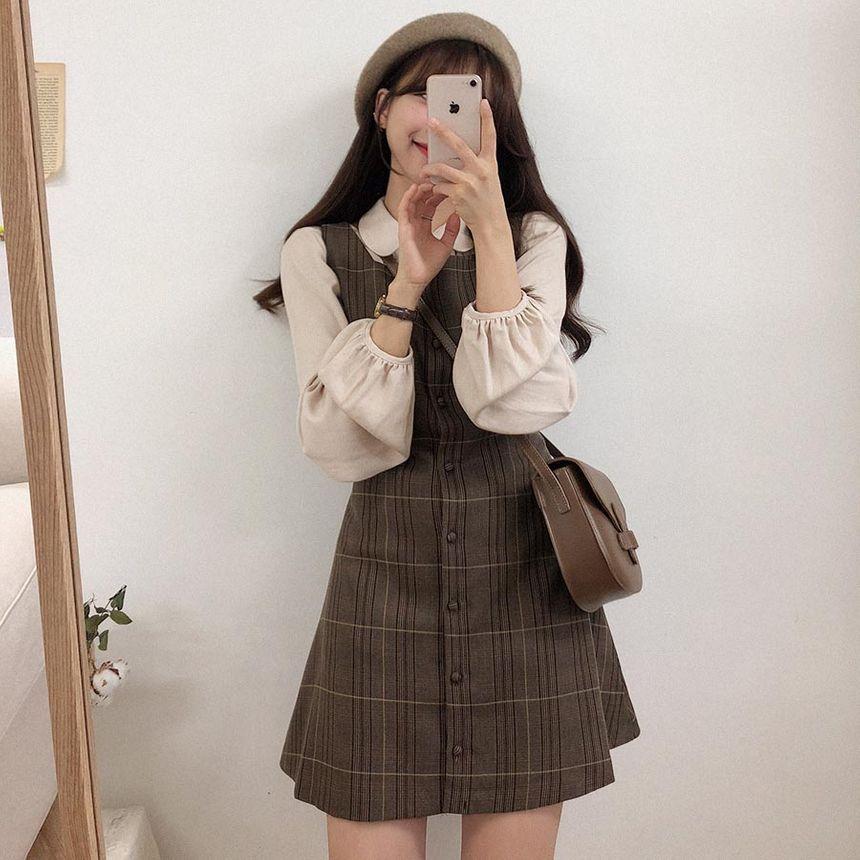 Long-Sleeve Blouse / Plaid Mini Buttoned Overall Dress Product Image