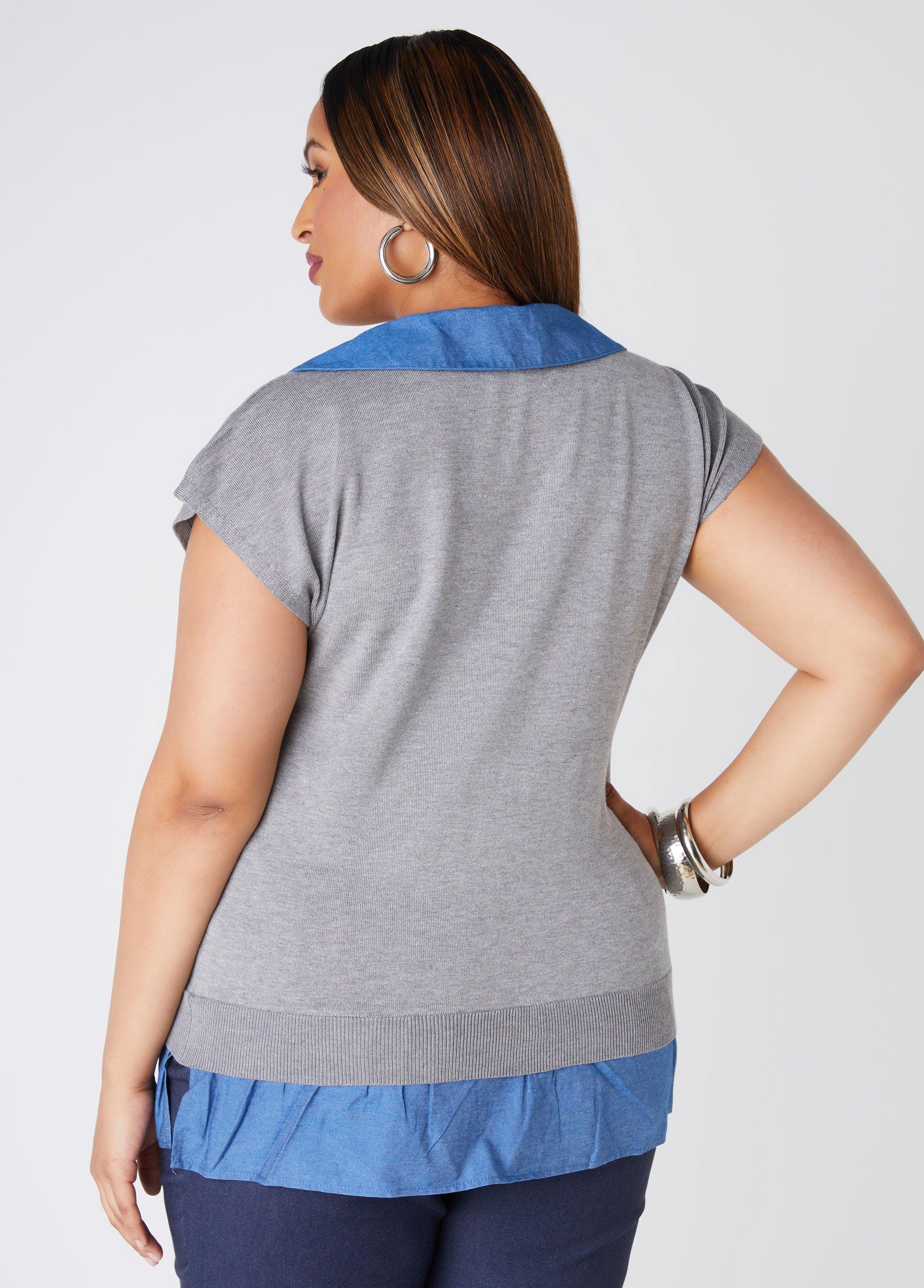 Chambray Paneled V Neck Sweater Product Image