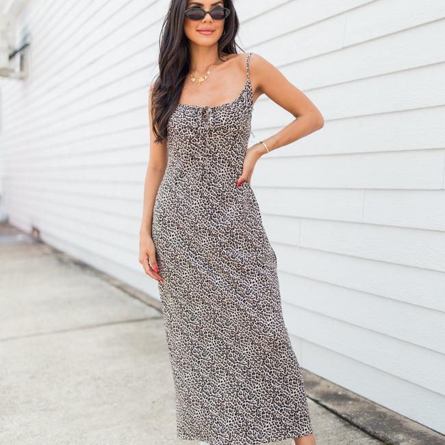 Be My Muse Shirred Neck Taupe Leopard Midi Dress Product Image