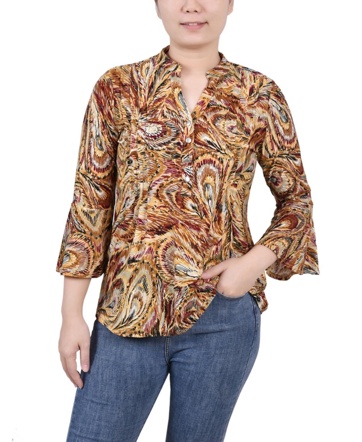 Ny Collection Petite 3/4 Bell Sleeve Printed Pleat Front Y-neck Top Product Image