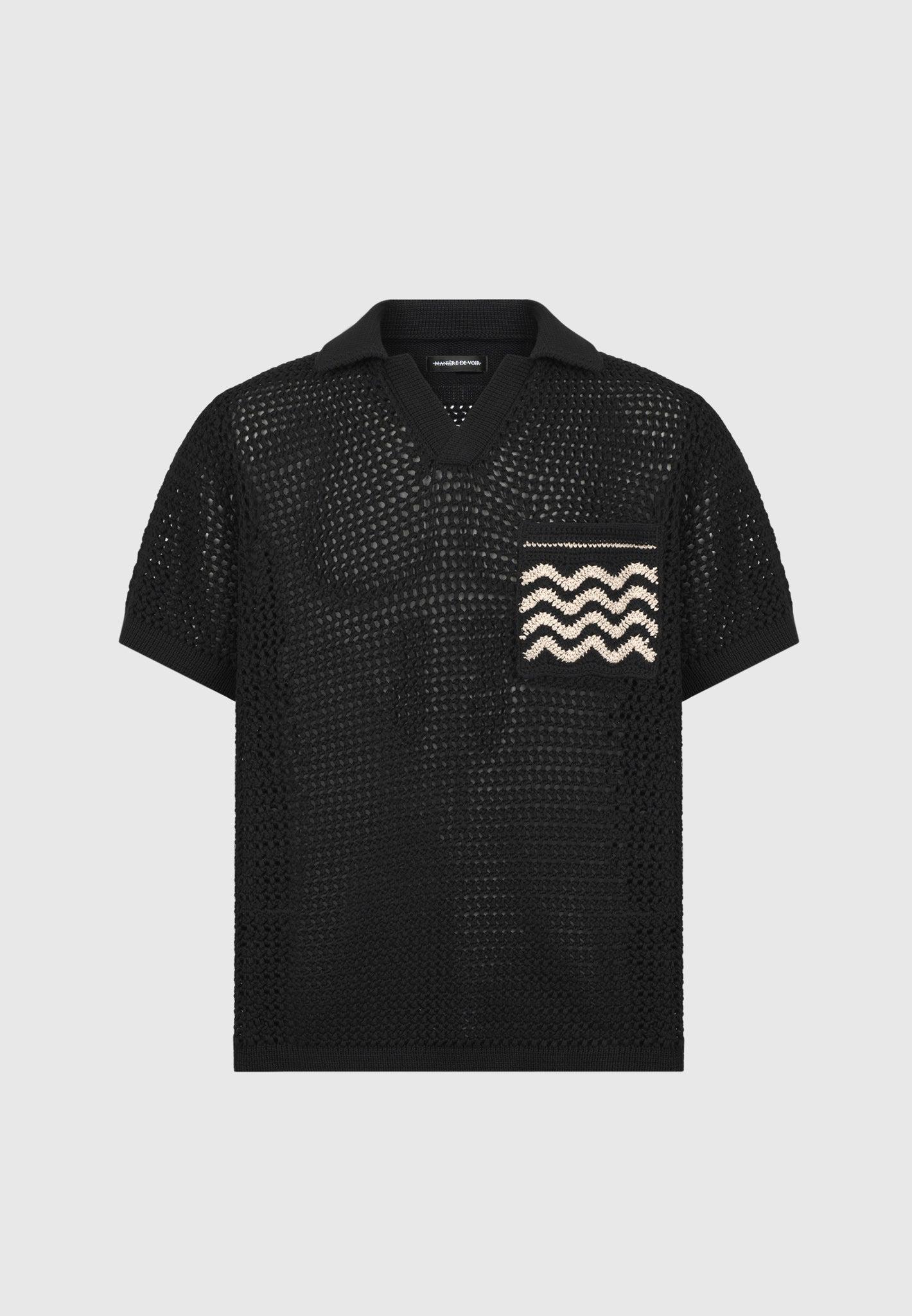 Crochet Knit Polo Shirt  - Black Male Product Image