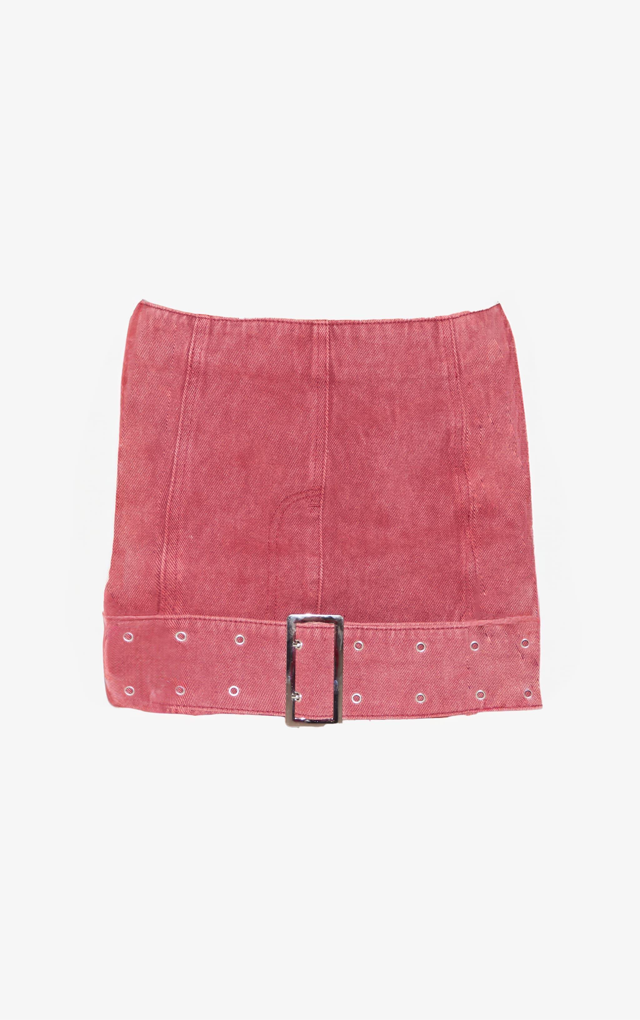 Washed Red Buckle Detail Denim Mini Skirt Product Image