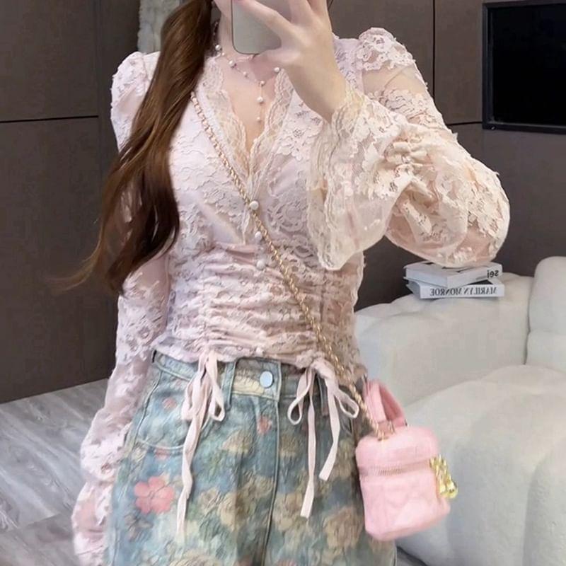 V-Neck Floral Drawstring Lace Blouse Product Image