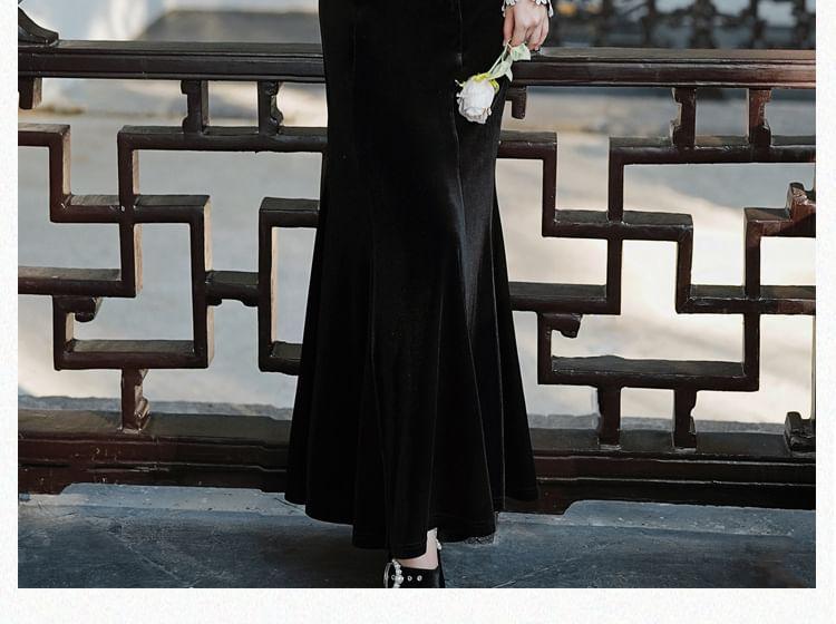 Long-Sleeve Mock Neck Velvet Panel Maxi Mermaid Dress Product Image