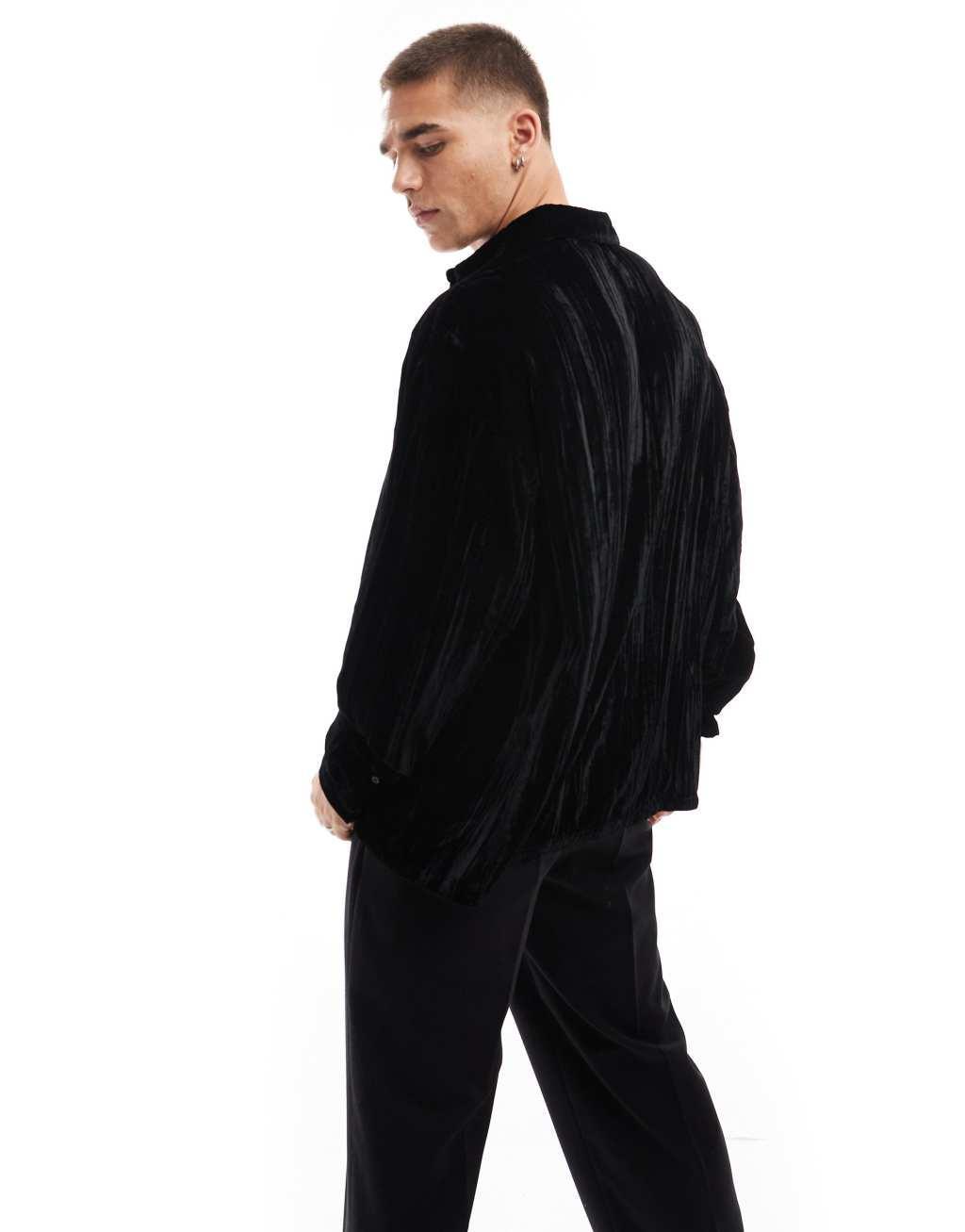 ASOS DESIGN boxy oversized crinkle velvet shirt in black Product Image