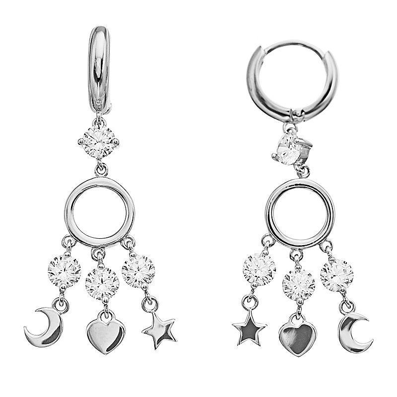 Rosabella Sterling Silver Cubic Zirconia Moon, Star & Heart Dangle Earrings, Womens, White Product Image