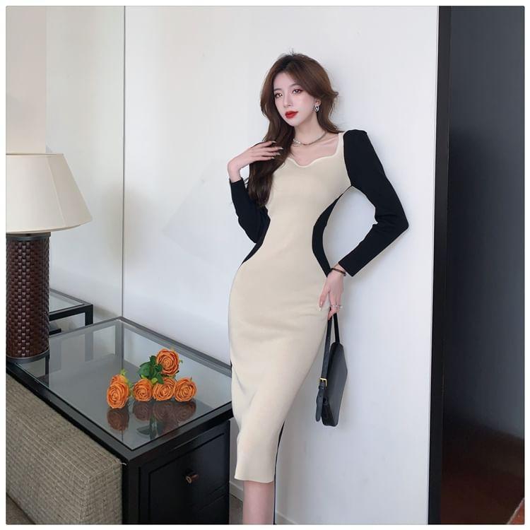 Long-Sleeve Two Tone Midi Sheath Knit Dress Product Image