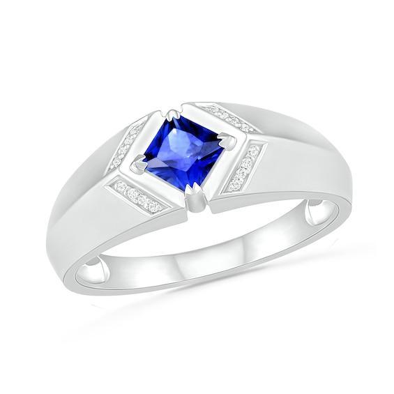 Men's Square-Cut Blue Lab-Created Sapphire and 1/20 CT. T.w. Diamond Chevron Collar Knife Edge Ring in Sterling Silver Product Image