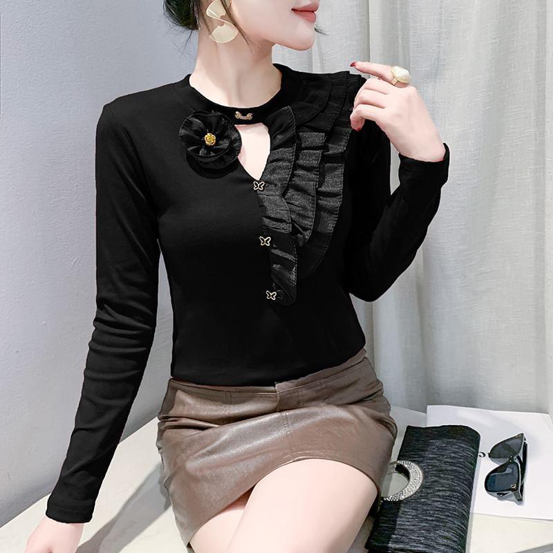 Long-Sleeve Round Neck Plain Floral Accent Frill Trim Cutout Slim Fit T-Shirt Product Image