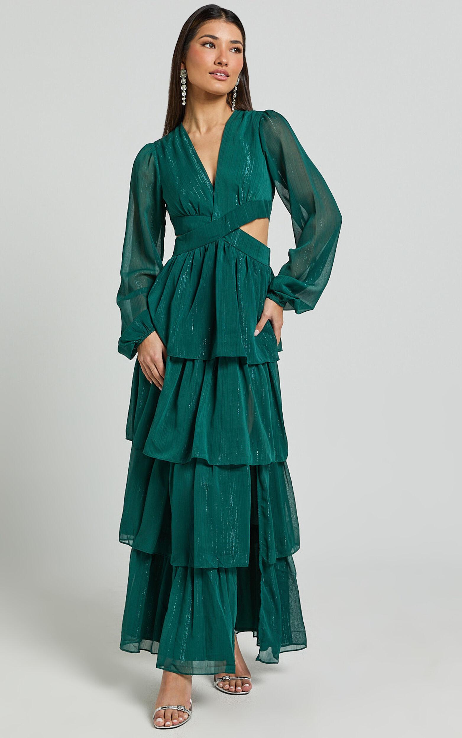 Jacinda Maxi Dress - Cut Out Long Sleeve Thigh Split Tiered Dress in Emerald Product Image