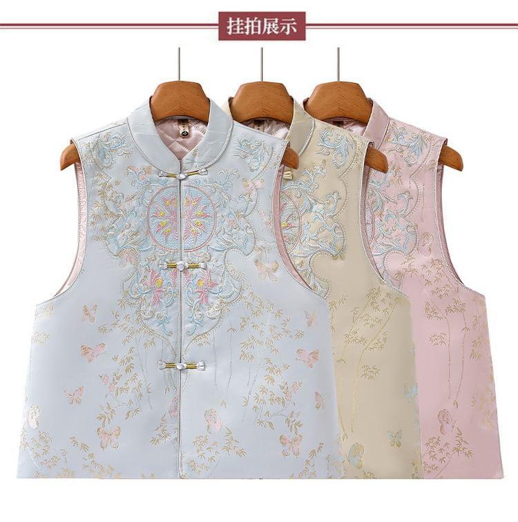 Mandarin Collar Embroidered Frog Button Vest Product Image