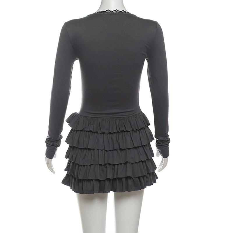 Long-Sleeve V-Neck Plain Mini Tiered Dress Product Image