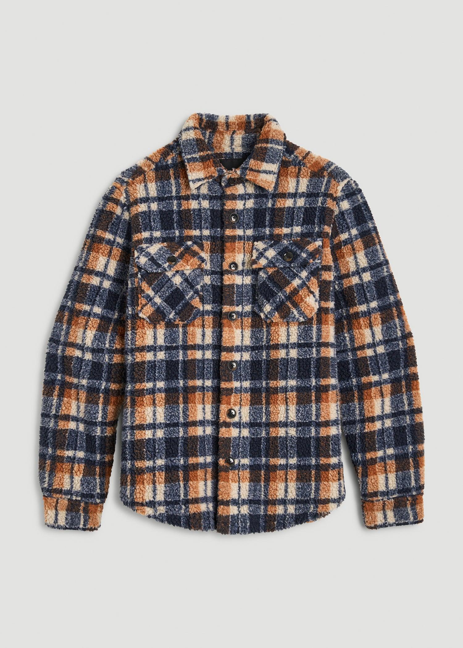 Tall Men's Sherpa Shirt Jacket in Dark Blue and Orange Plaid Male Product Image