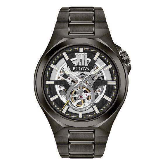 Men's Bulova Automatic Grey IP Watch with Black Skeleton Dial (Model: 98A179) Product Image