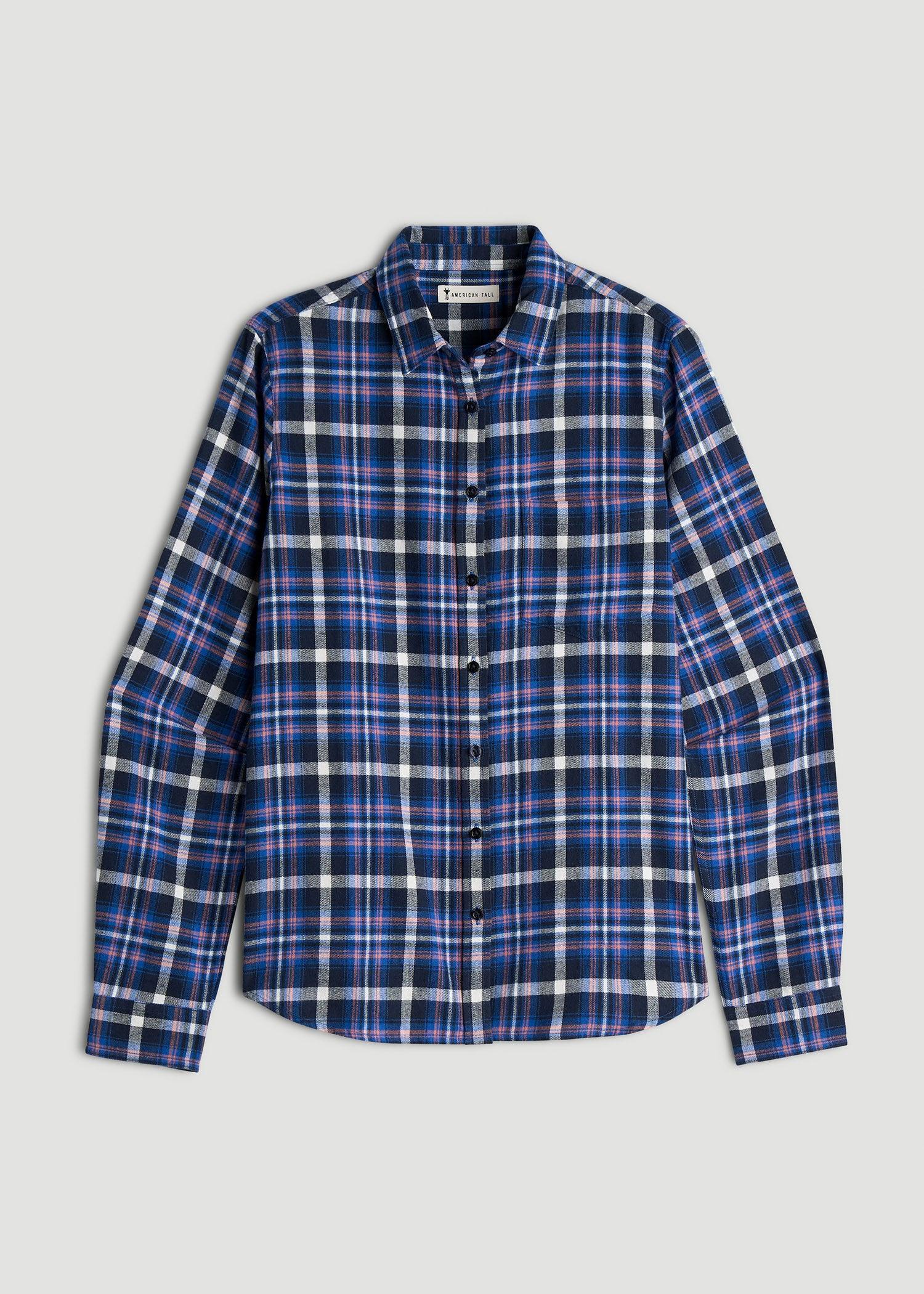 Flannel Button-Up Shirt for Tall Women in Cobalt, Navy, and Peach Plaid Female Product Image