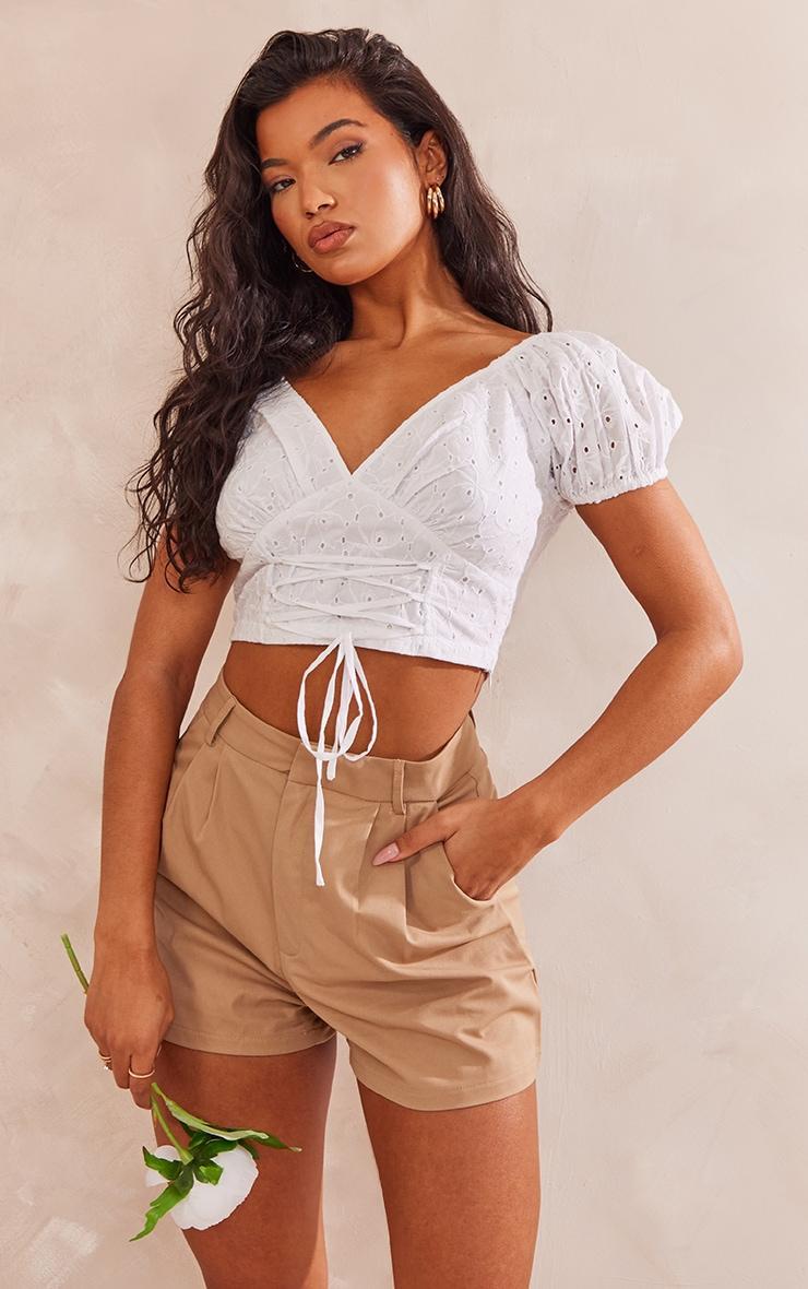 White Lace Up Front Broderie Crop Top Product Image