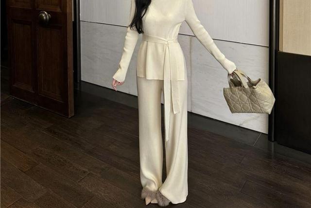 Set: Long-Sleeve Round Neck Plain Slit Sashed Knit Top + Elastic Waist Wide Leg Pants Product Image