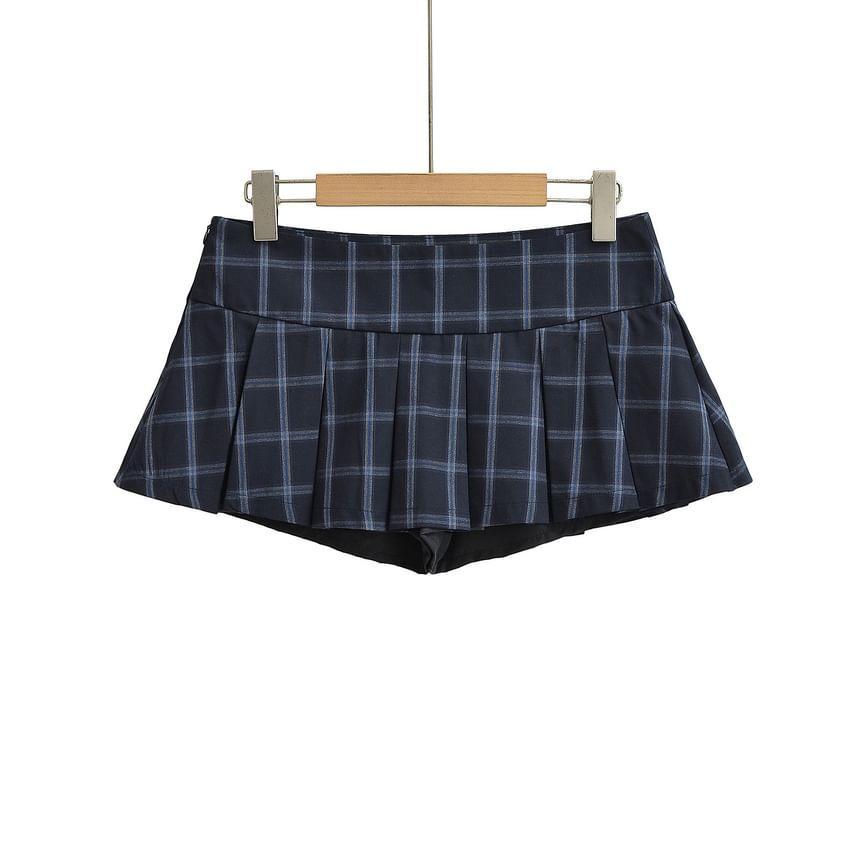 Low Waist Plaid Mini A-Line Pleated Skirt Product Image