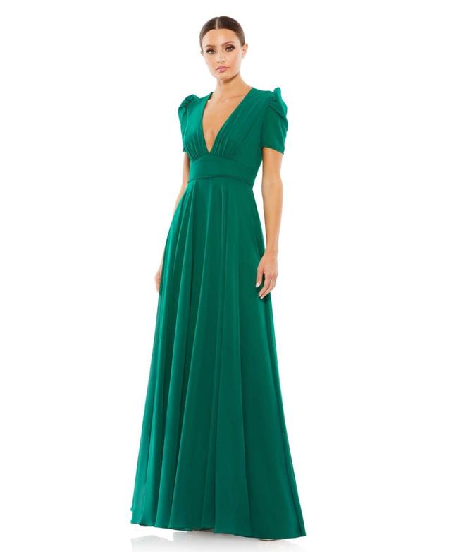 Mac Duggal Plunge V-Neck Ruched Puff Short Sleeve Gown Product Image