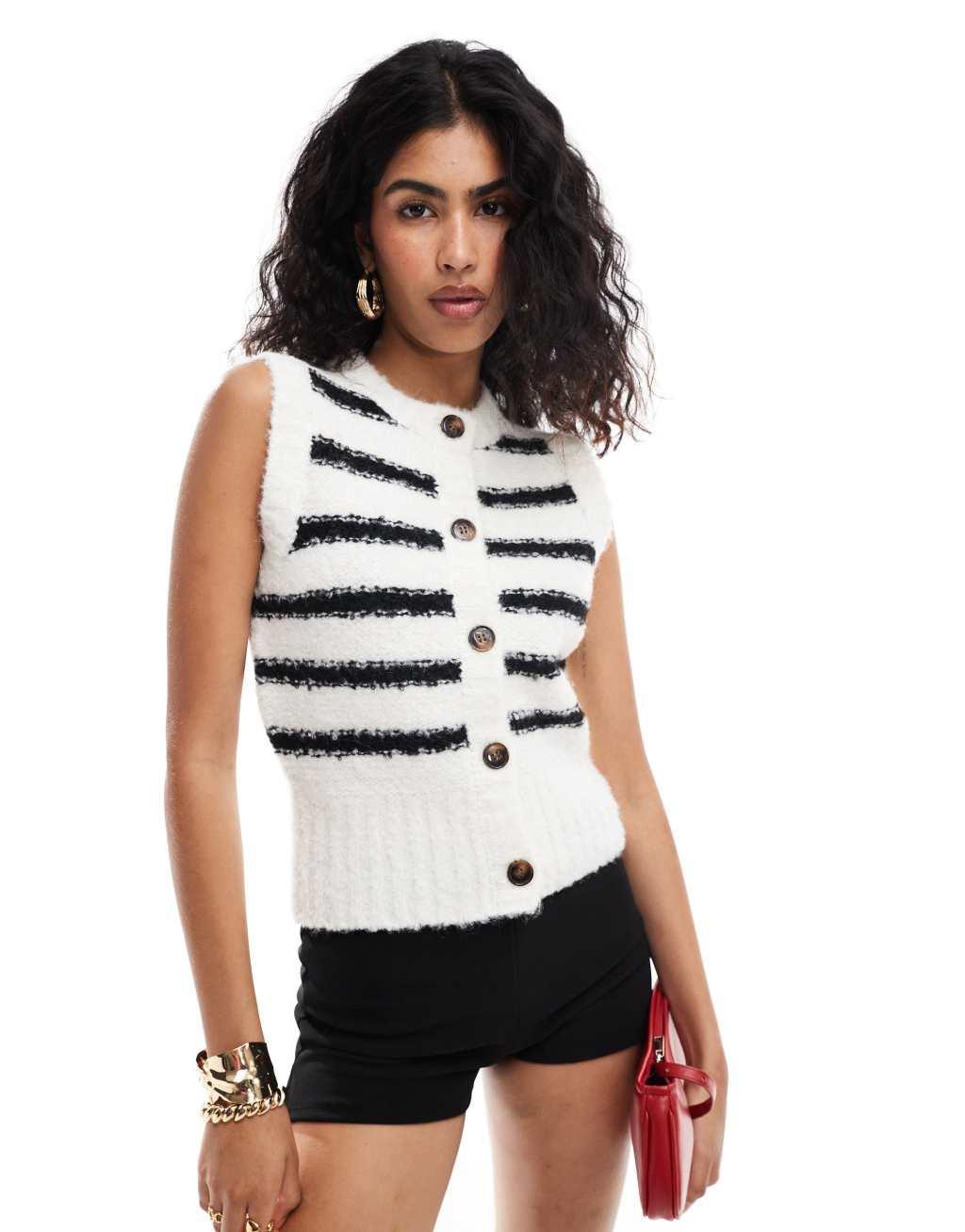 4th & Reckless fluffy knit button up sleeveless top in black and white stripe Product Image