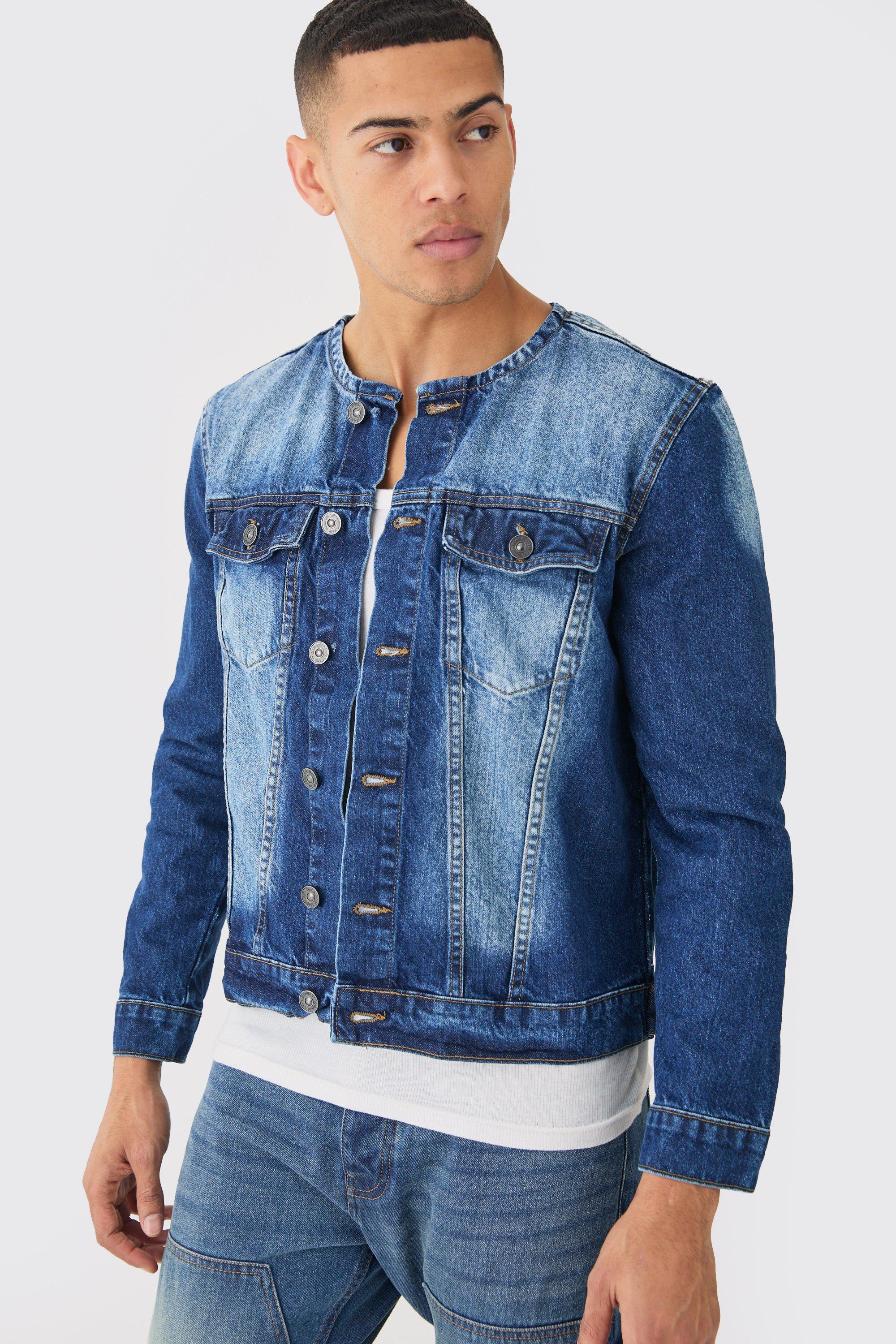 Collarless Jean Jacket In Indigo | boohooMAN USA Product Image