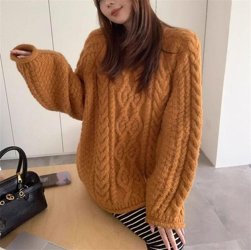 Round Neck Plain Cable Knit Sweater Product Image