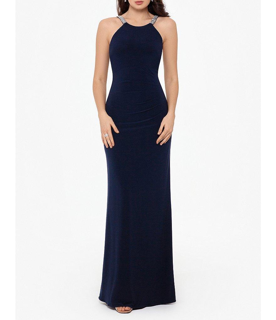 Betsy & Adam Stretch Rhinestone Strap Halter Neck Sleeveless Gown Product Image