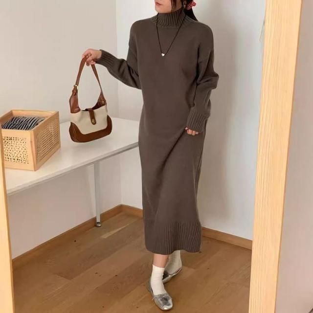 Mock Neck Plain Midi Sweater Dress Product Image