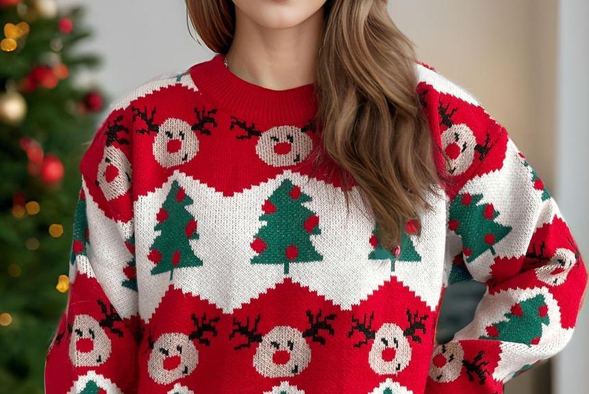 Crew Neck Christmas Deer Print Sweater Product Image