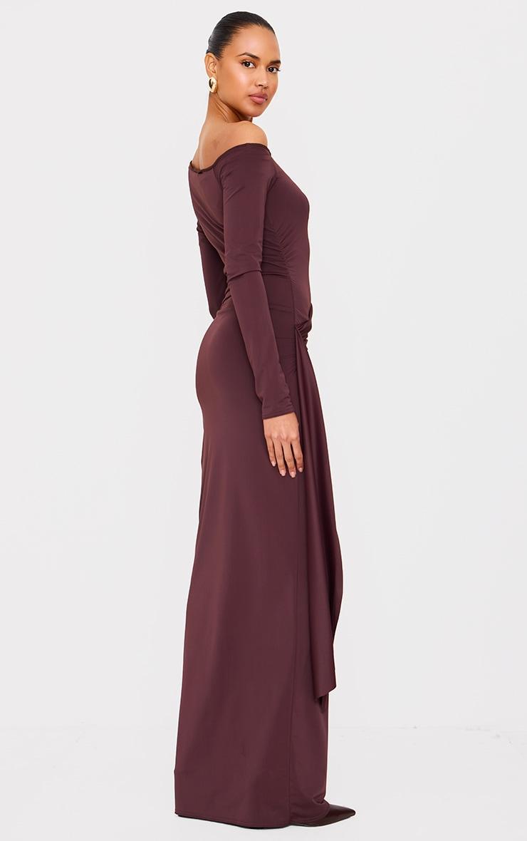 Chocolate Matte Sculpt Fold Over Ruched Drape Maxi Dress Product Image