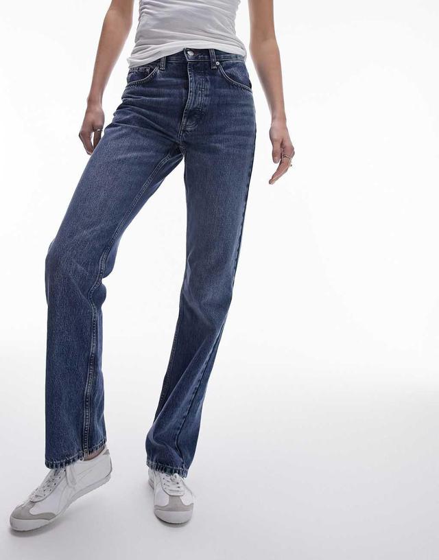 Topshop Tall high rise straight Kort jeans in mid blue Product Image