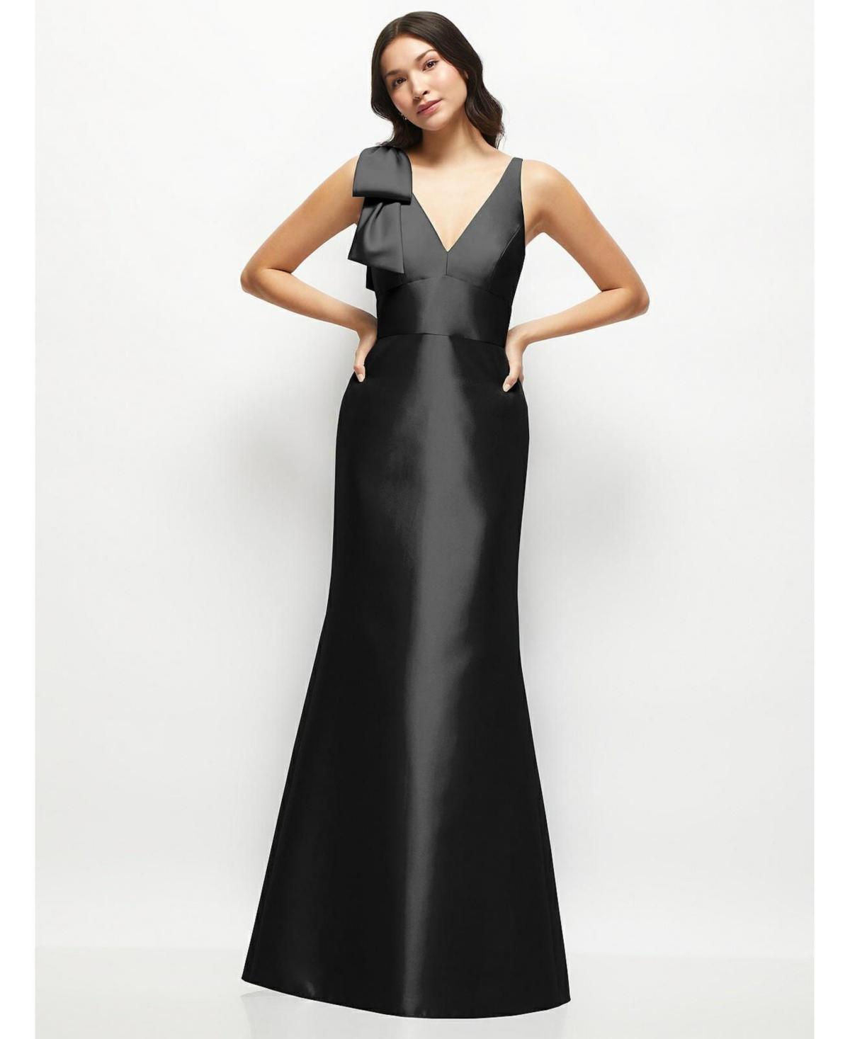 Alfred Sung Womens Deep V-back Satin Trumpet Dress with Cascading Bow at One Shoulder Product Image