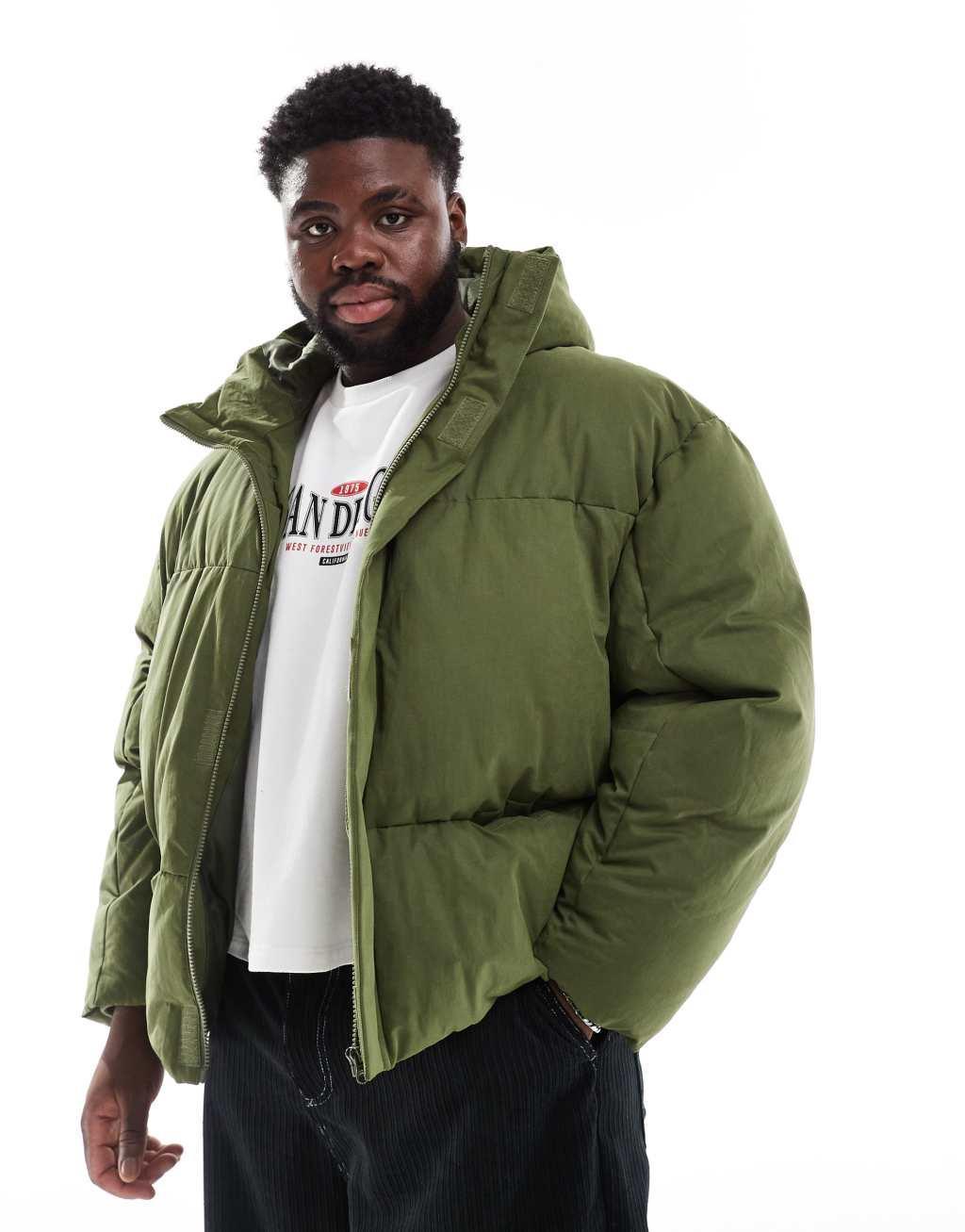 ASOS DESIGN oversized puffer jacket with seam detail in khaki Product Image