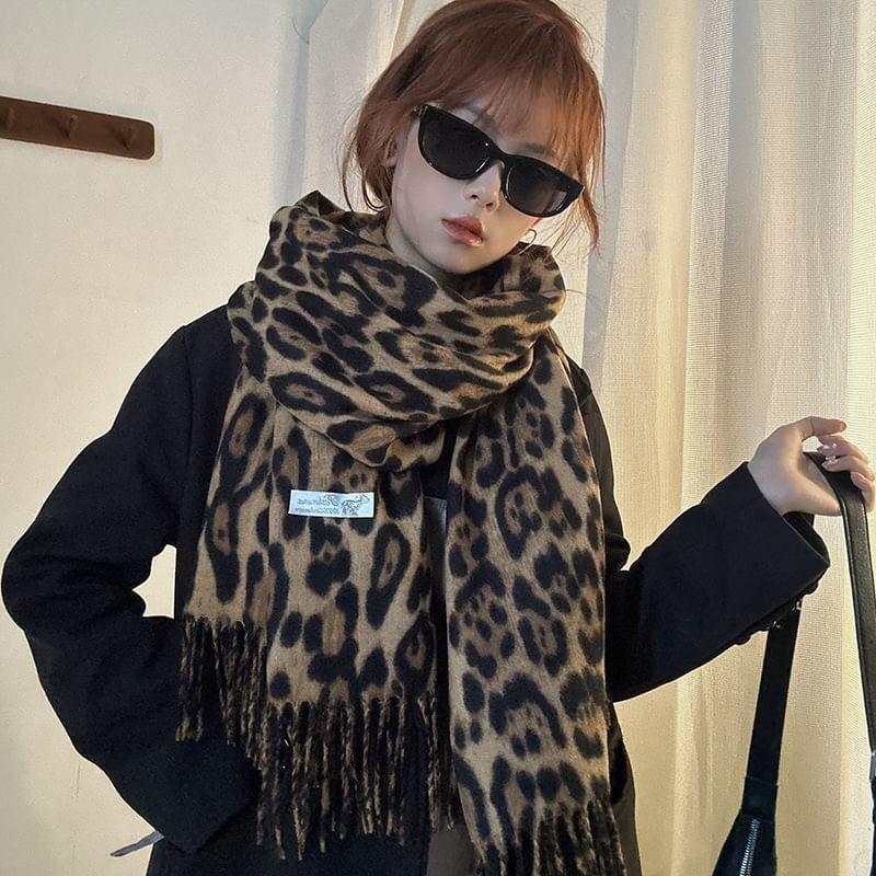 Leopard Print Fringed Scarf Product Image